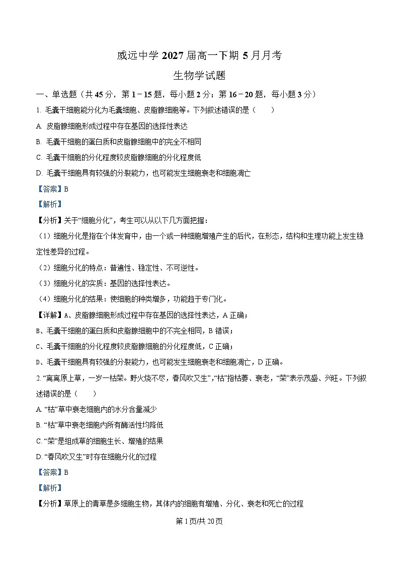 四川省内江市威远中学2024-2025学年高一下学期5月月考生物试题 Word版含解析第1页