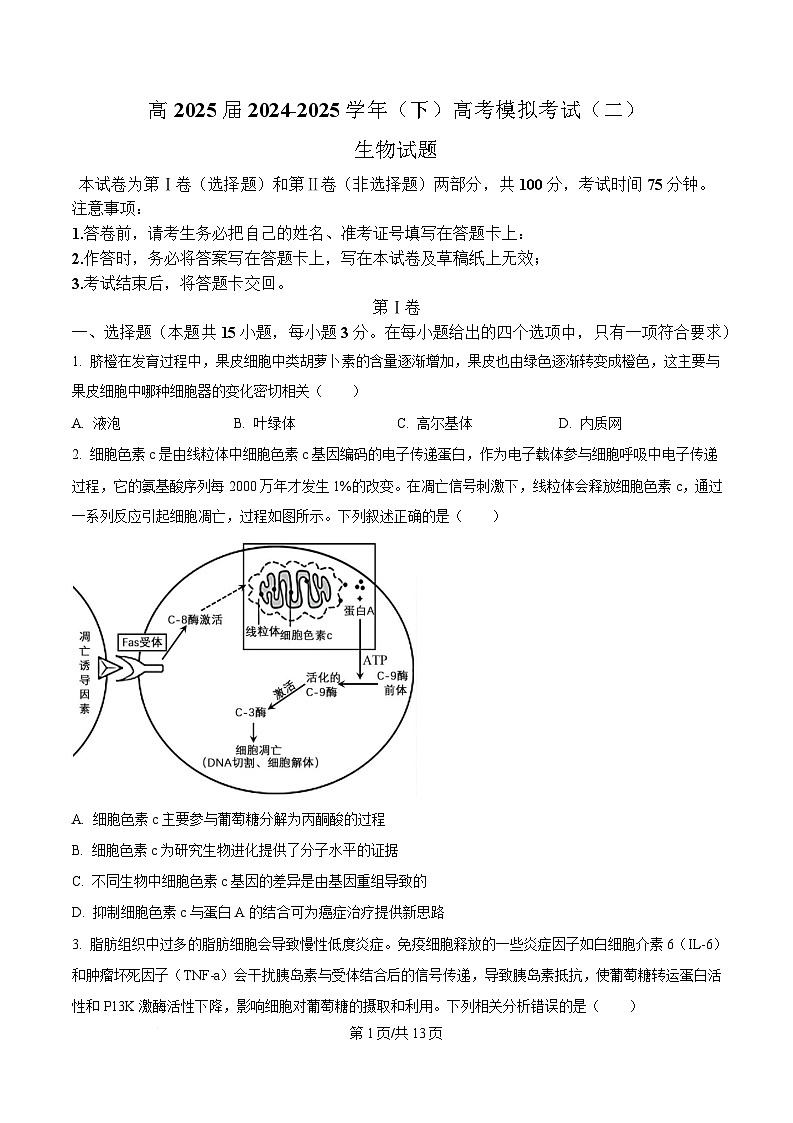 2025届重庆市九龙坡区重庆市育才中学高三二模生物试题（原卷版）第1页