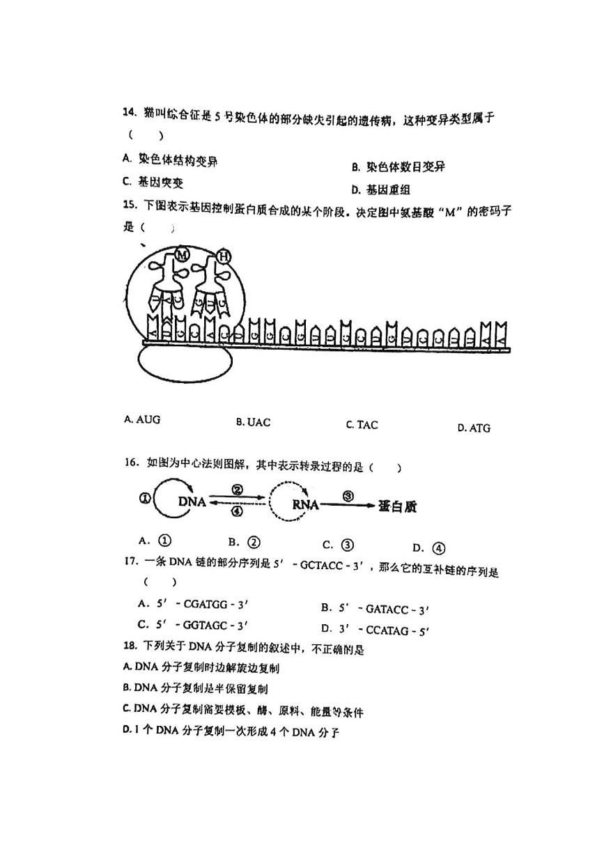 天津市津南区天津市小站第一中学2024-2025学年高一下学期5月月考生物试题第3页
