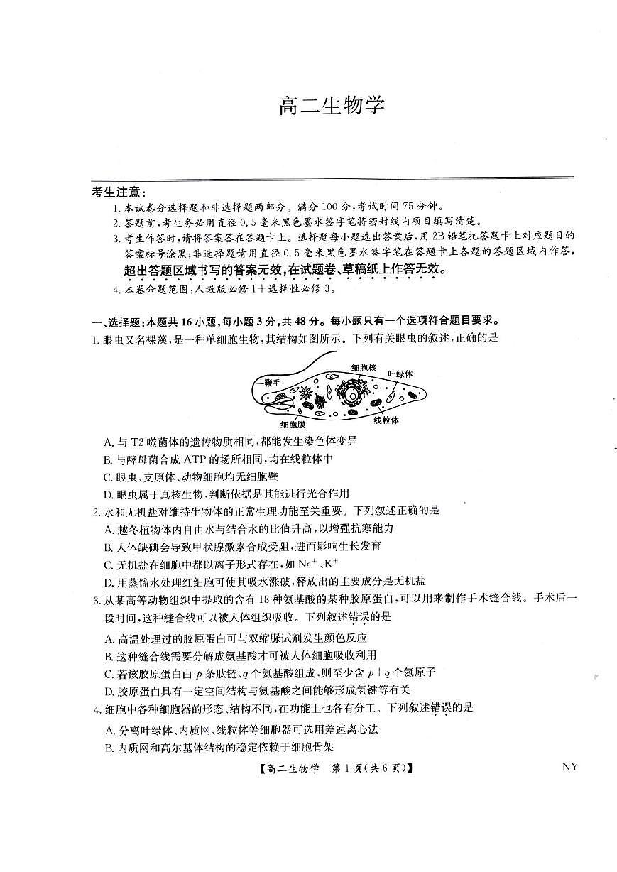河南省南阳市九师联盟2024-2025学年高二下学期6月期末生物试题第1页