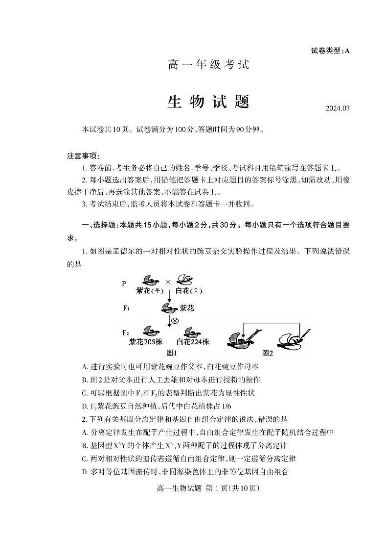 （教研室提供）山东省泰安市2023-2024学年高一下学期期末考试生物试题第1页