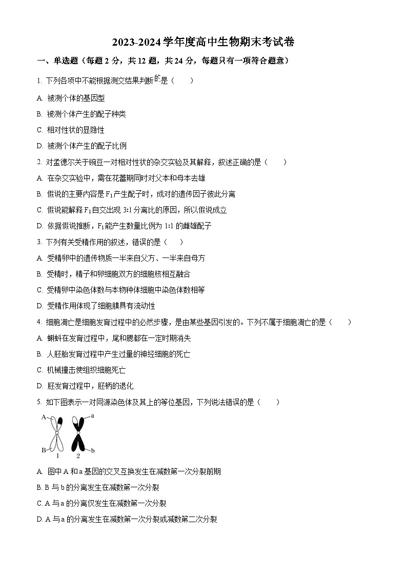 精品解析：湖南省衡阳市耒阳市耒阳市正源学校2023-2024学年高一下学期7月期末生物试题（原卷版）第1页