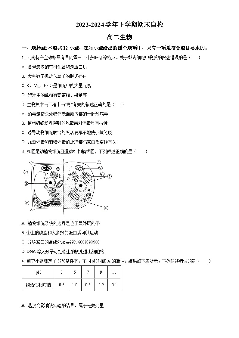 精品解析：湖南省益阳市安化县两校联考2023-2024学年高二下学期7月期末生物试题（原卷版）第1页