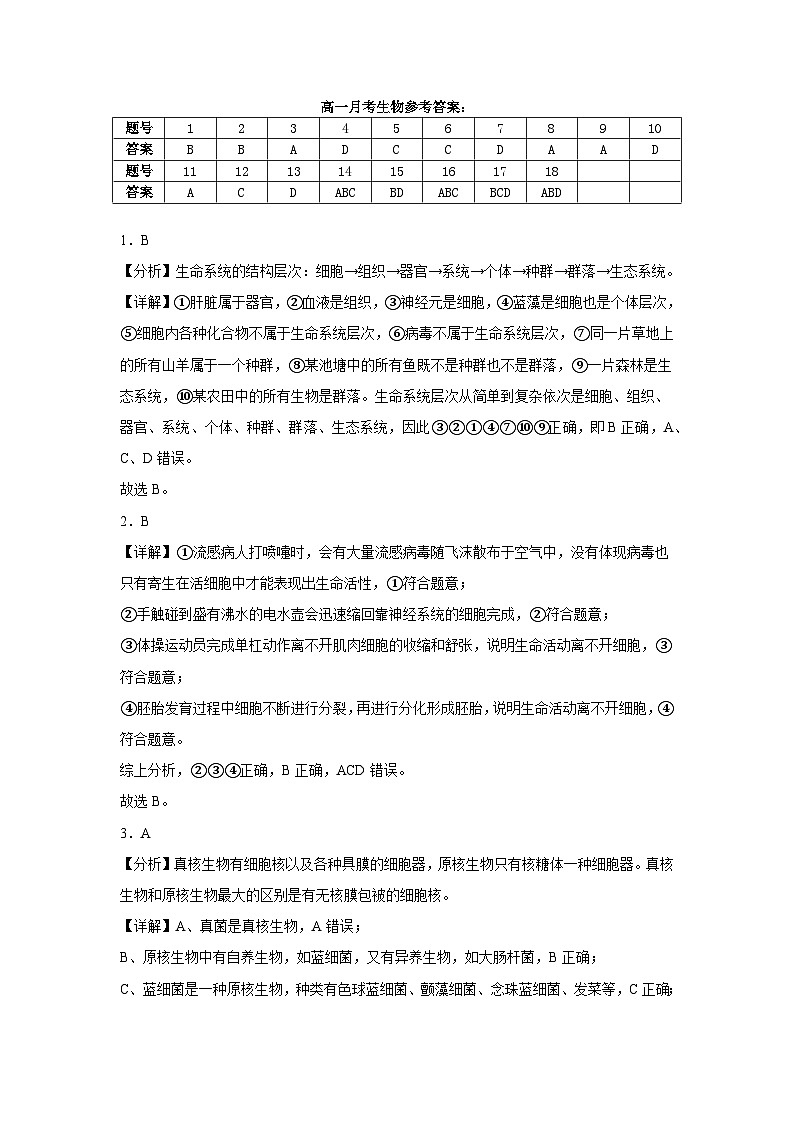 高一月考生物参考答案解析版第1页