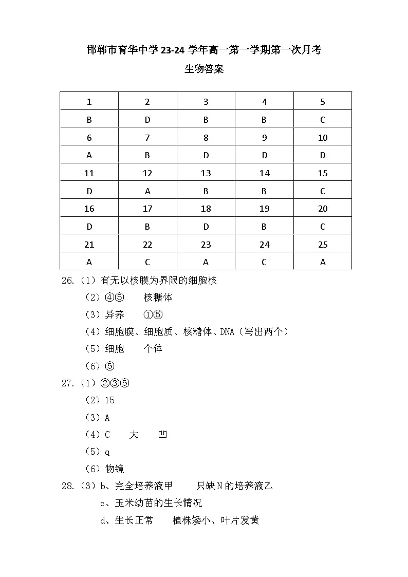 邯郸市育华中学23-24学年高一第一学期第一次月考生物答案第1页