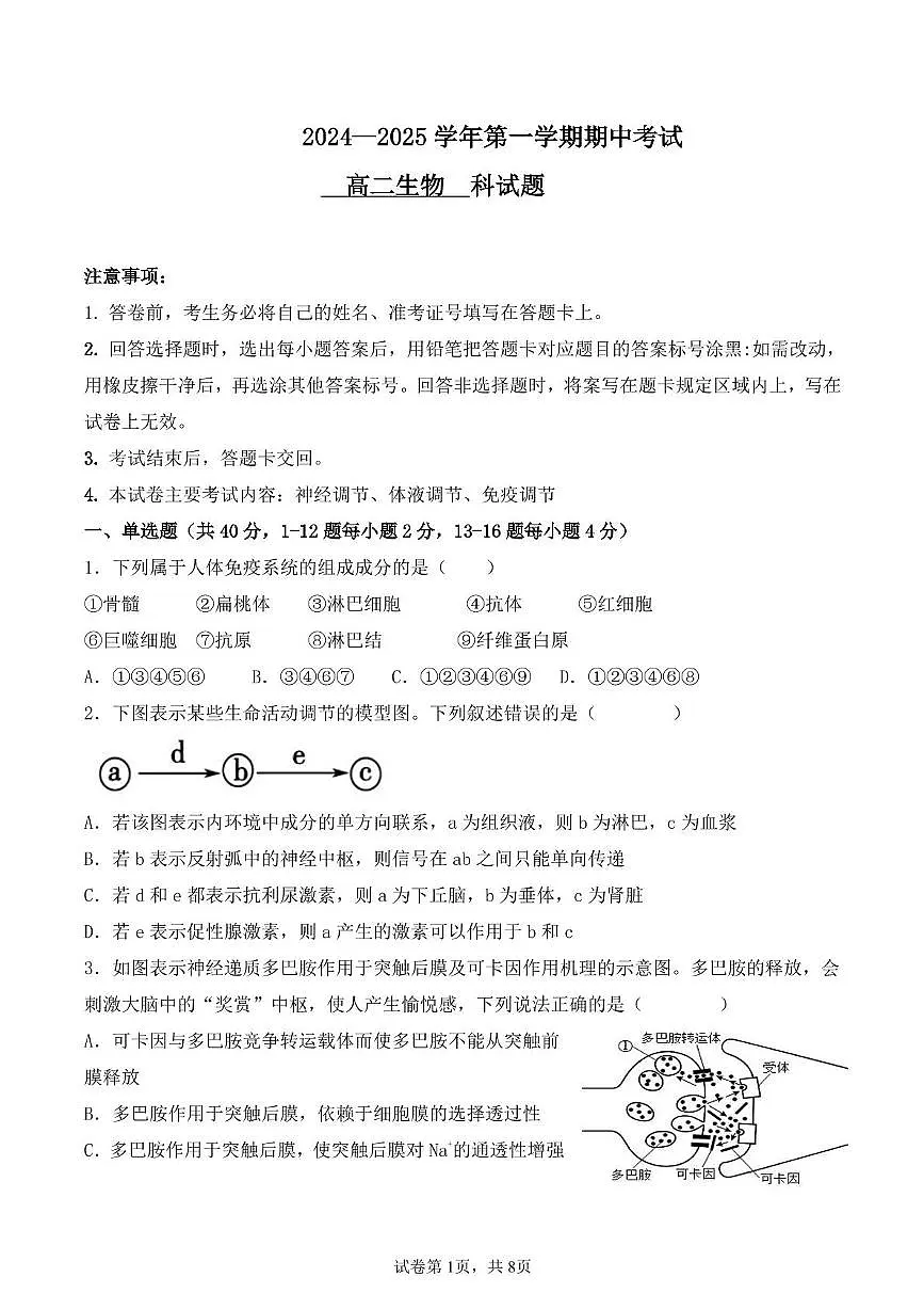 广东省清远市连州中学2024-2025学年高二上学期期中考试生物试题第1页