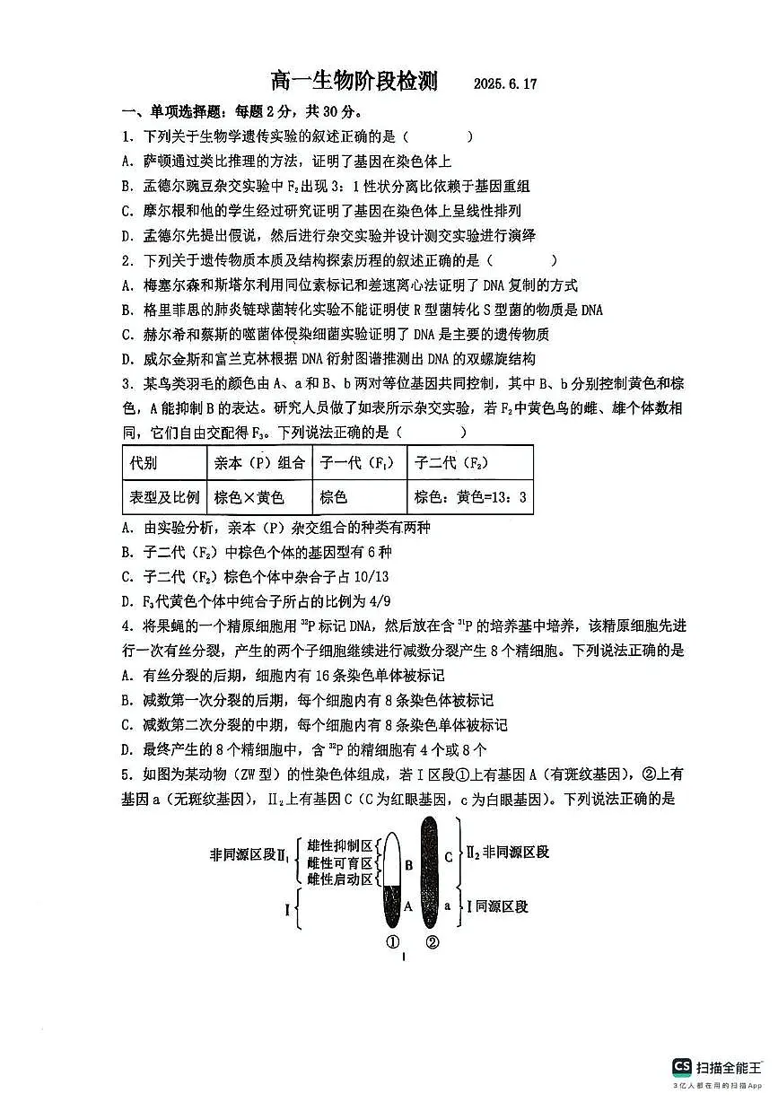山东省青岛市胶州市实验中学2024-2025学年高一下学期6月月考生物试题第1页