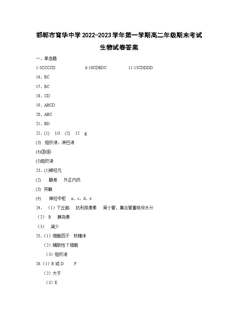 邯郸市育华中学22-23学年高二第一学期期末考试生物答案第1页