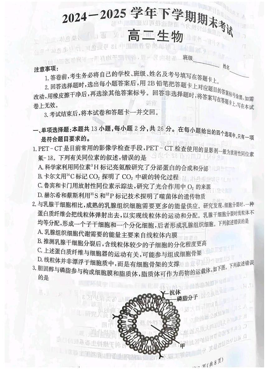 河北省省级联测2024-2025学年高二下学期6月期末考试生物试卷（含答案）第1页