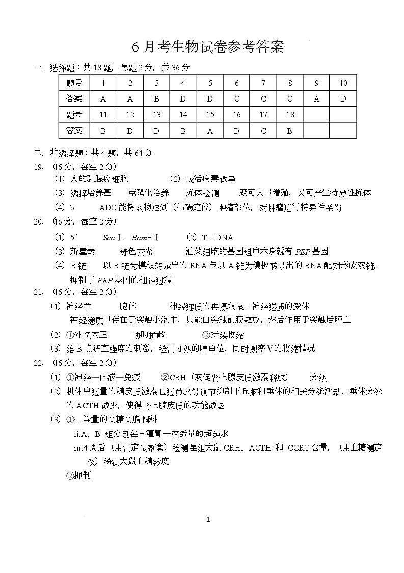 生物 2024-2025学年高二下六月考 参考答案第1页