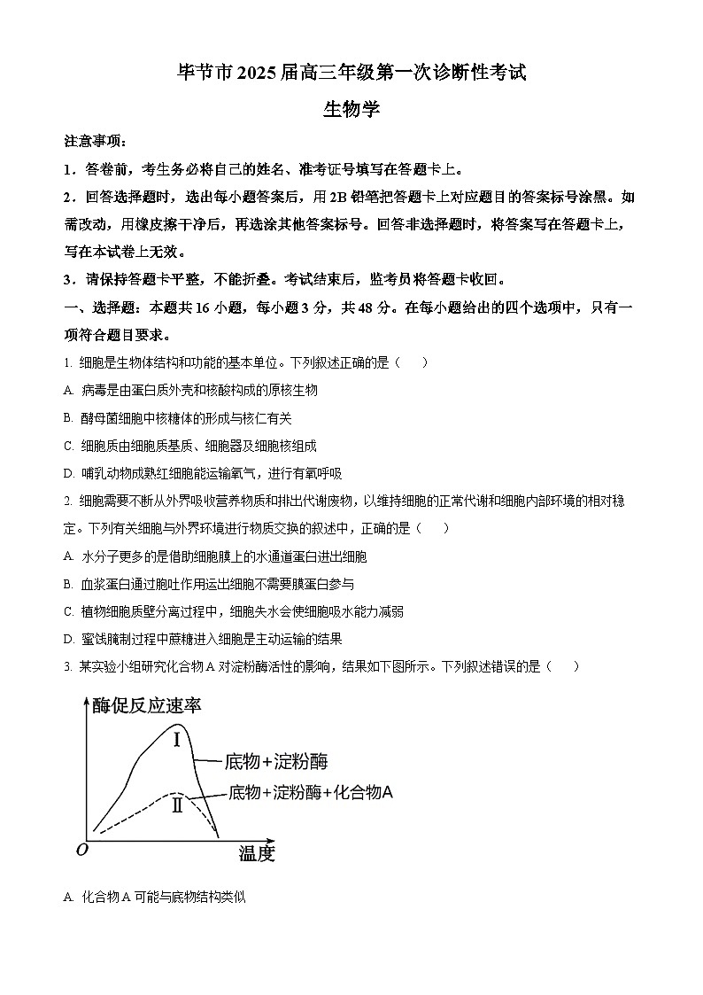 贵州省毕节市2024-2025学年高三上学期第一次诊断性考试生物试题  Word版无答案第1页