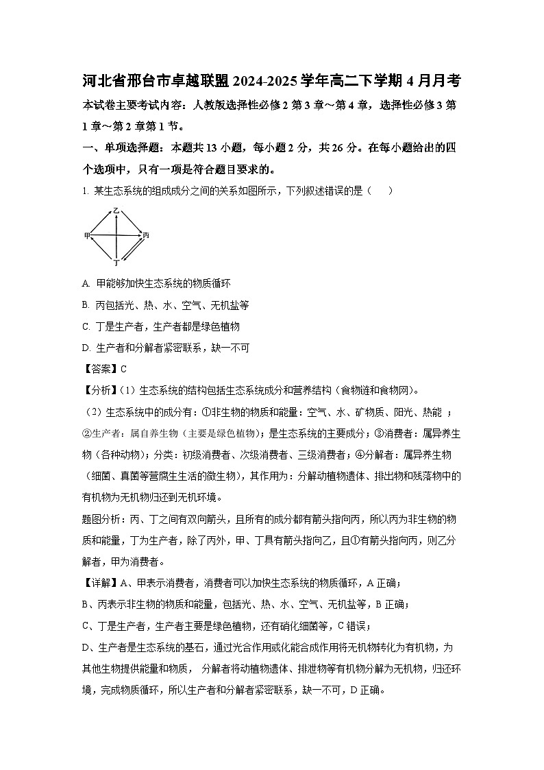 河北省邢台市卓越联盟2024-2025学年高二下学期4月月考生物试卷（解析版）第1页