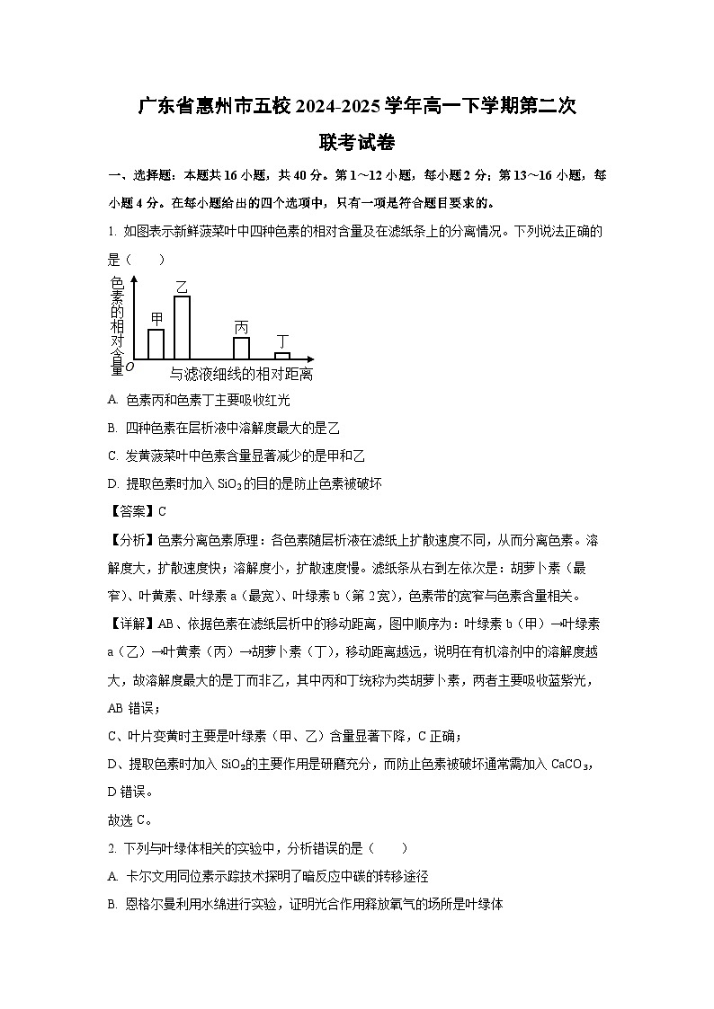广东省惠州市五校2024-2025学年高一下学期第二次联考生物试卷（解析版）第1页