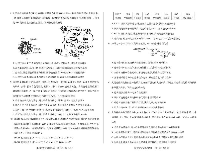 (8K,4页)生物学(专版)高一下年级摸底考试单色第2页