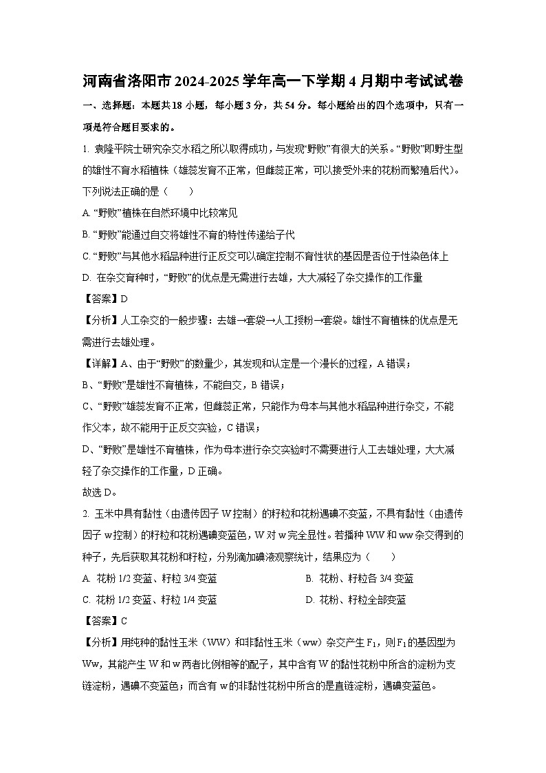 【生物】河南省洛阳市2024-2025学年高一下学期4月期中考试试卷（解析版）第1页