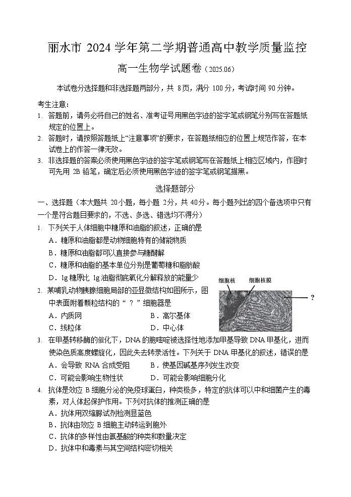 浙江省丽水市2024-2025学年高一下学期期末考试生物试卷第1页