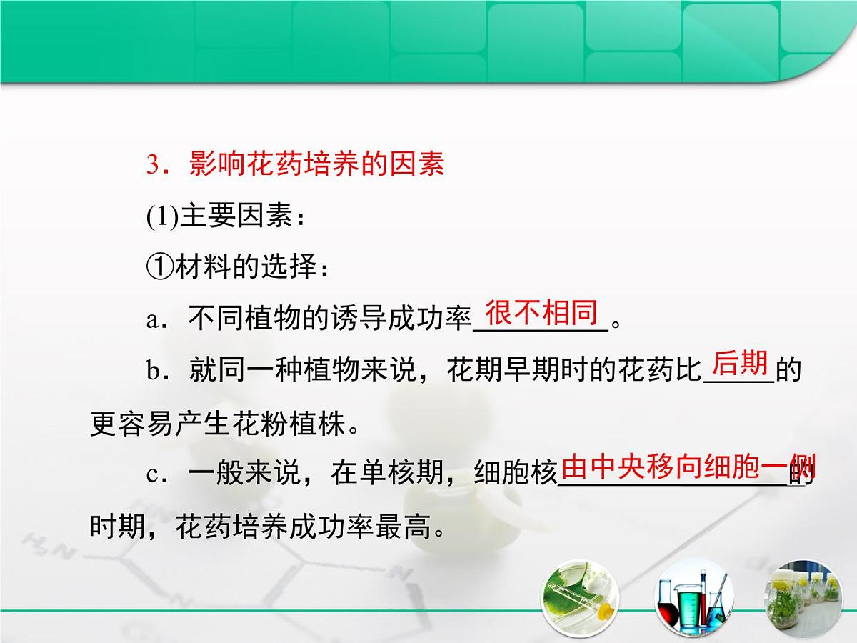 人教版 (新课标)高中生物选修1 3-2《月季的花药培养》复习课件第7页