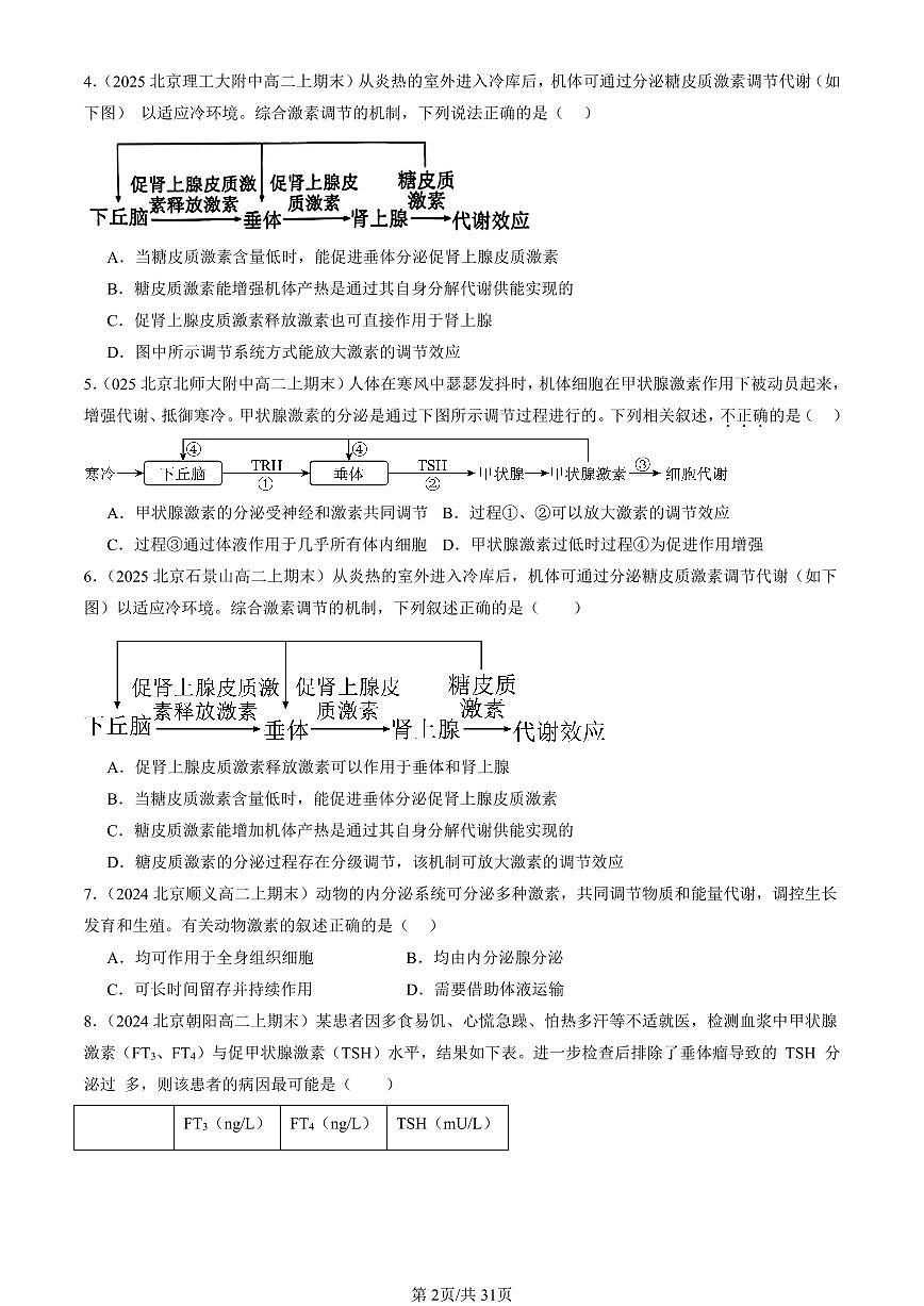 2023-2025北京重点校高二（上）期末真题生物汇编：激素调节的过程 有答案第2页