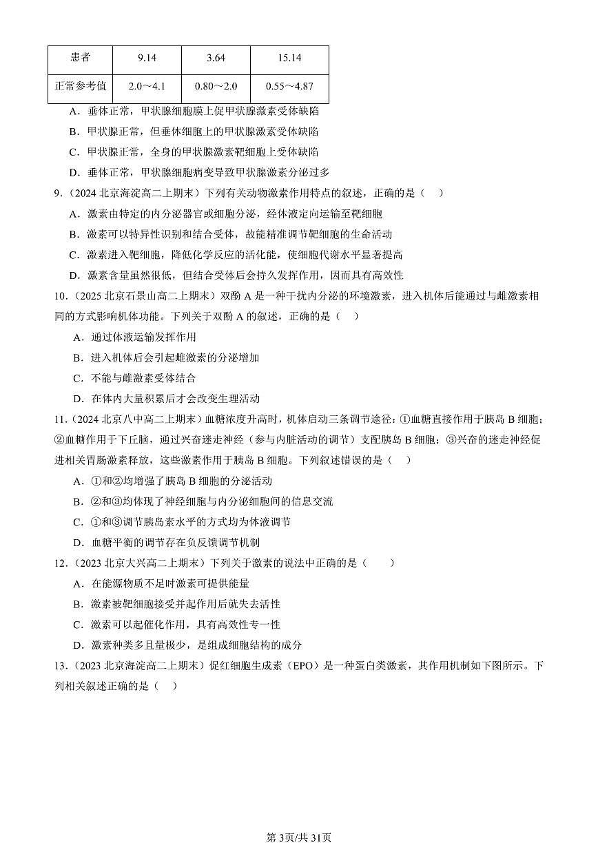 2023-2025北京重点校高二（上）期末真题生物汇编：激素调节的过程 有答案第3页