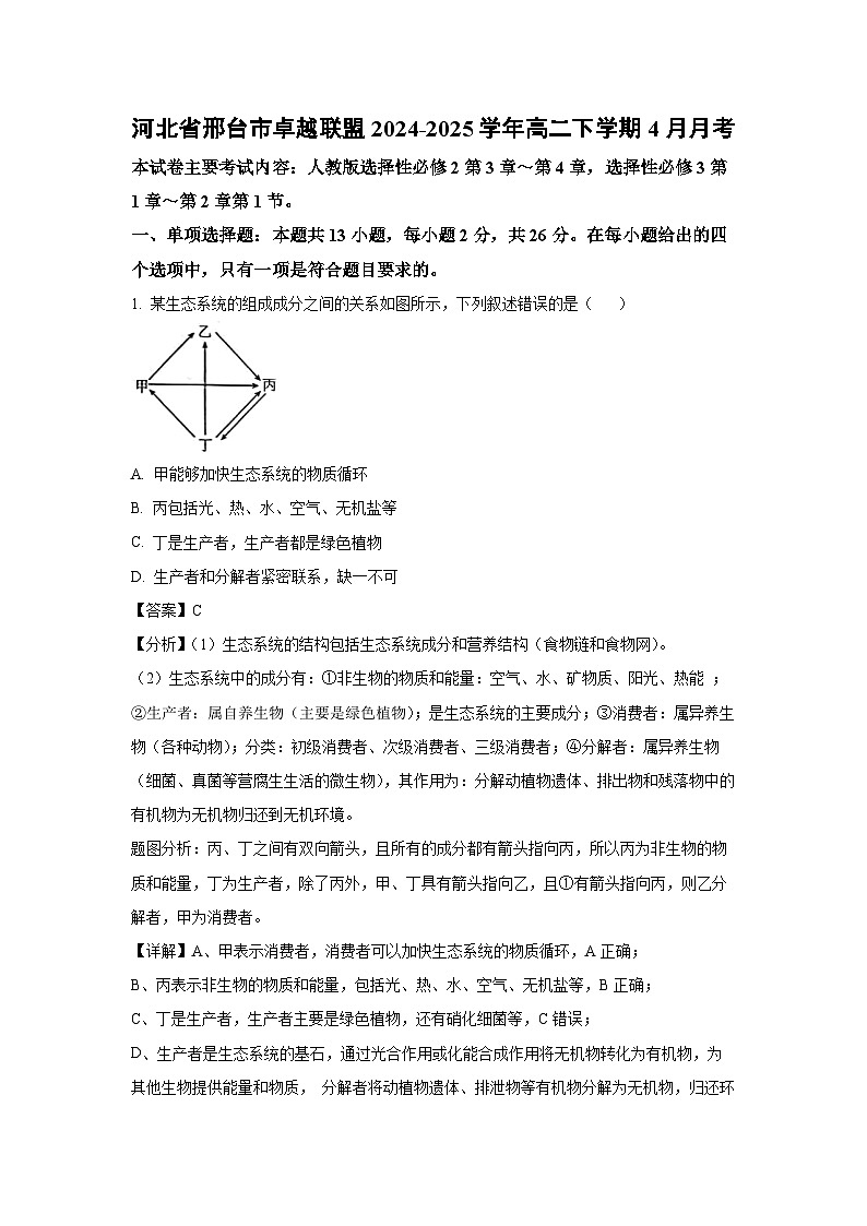 【生物】河北省邢台市卓越联盟2024-2025学年高二下学期4月月考（解析版）第1页