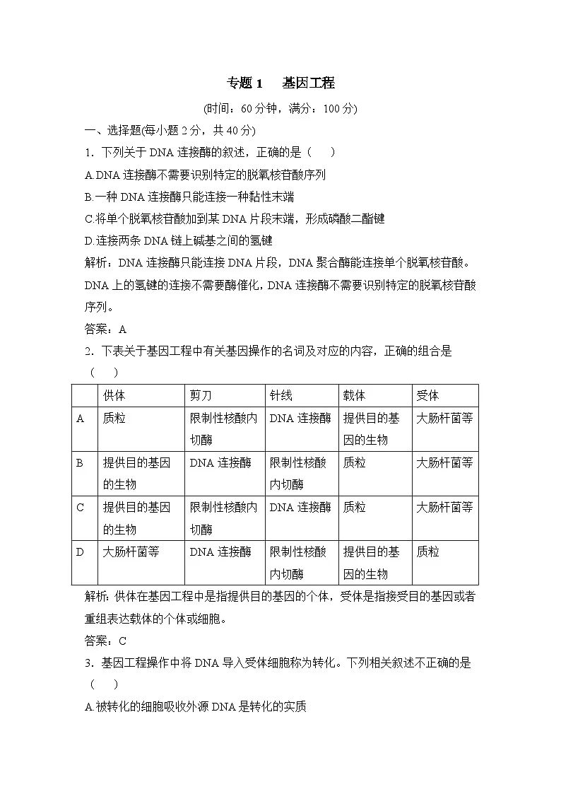 人教版 (新课标)高中生物选修3 专题1《基因工程》专题综合训练（一）第1页