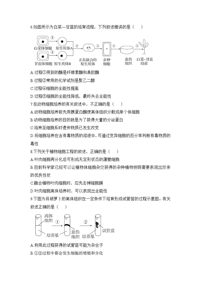 人教版 (新课标)高中生物选修3 专题2《细胞工程》专题综合训练（一）无答案第2页