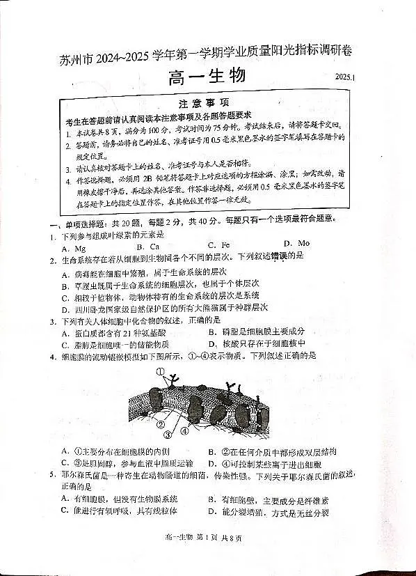 江苏省苏州市2024-2025学年高一上学期1月期末学业阳光指标调研试题 生物 PDF版无答案第1页