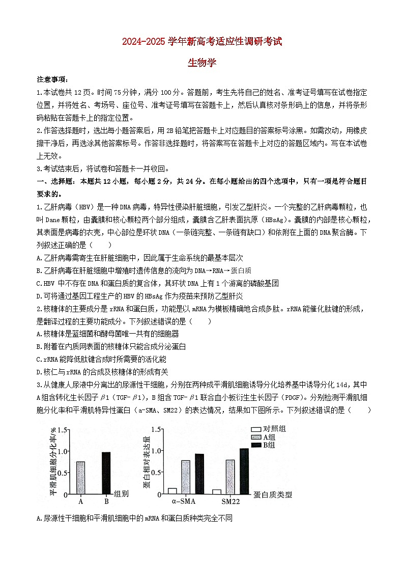 2024_2025学年高三生物上学期9月新高考适应性调研考试含解析第1页