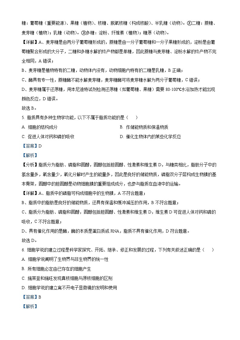 浙江省2024_2025学年高一生物上学期11月期中联考试题含解析第3页