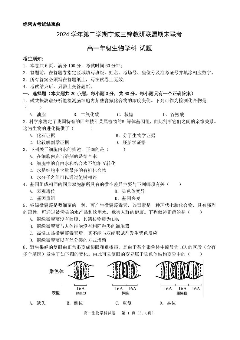 浙江省宁波市2025年高一下学期期末联考 生物试卷第1页