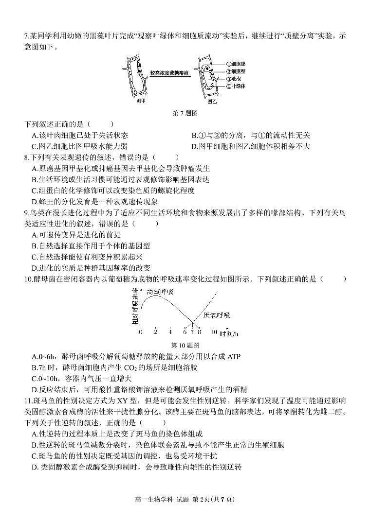 生物试题｜2506温州十校期末联考第2页
