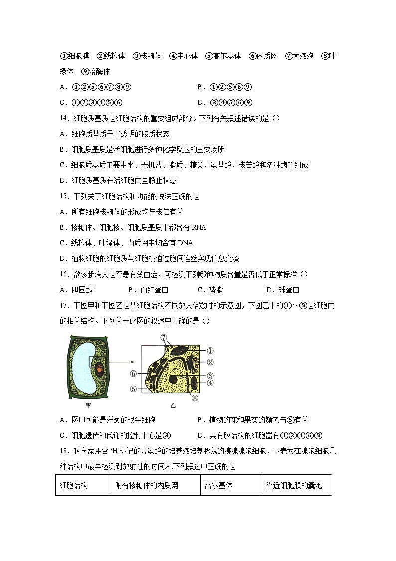 人教版高中生物必修1《第3章细胞的基本结构》章末检测题 无答案第3页