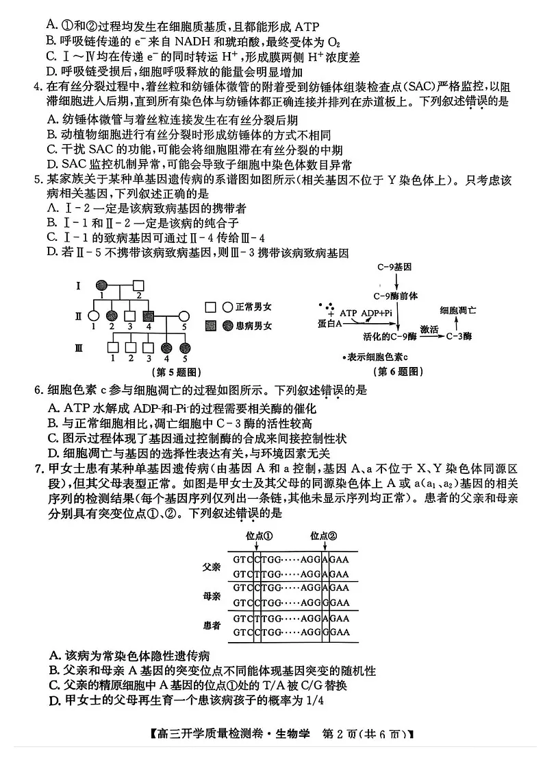 山西省卓越联盟2025届高三下学期2月开学质量检测-生物试卷（含答案）第2页