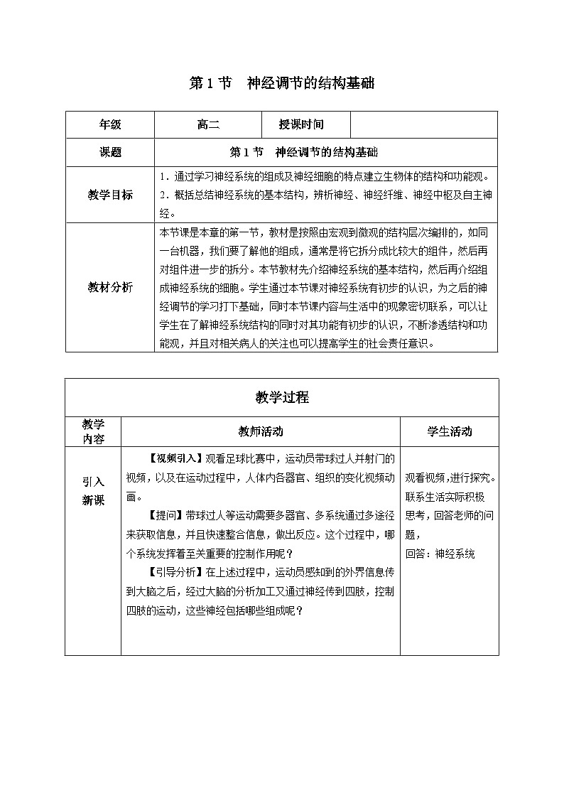 人教版高中生物选修1《2-1 神经调节的结构基础》教案第1页