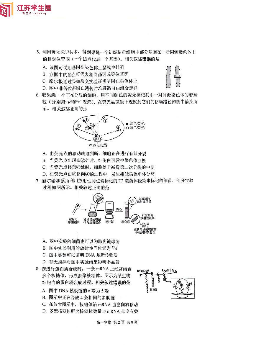 2023-2024学年苏州第二学期学业质量阳光指标调研卷-高一生物试题及答案第2页