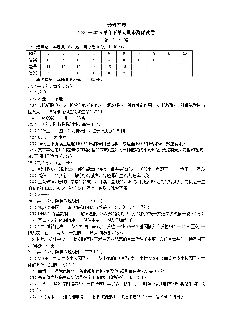 25高二下期末生物答案第1页