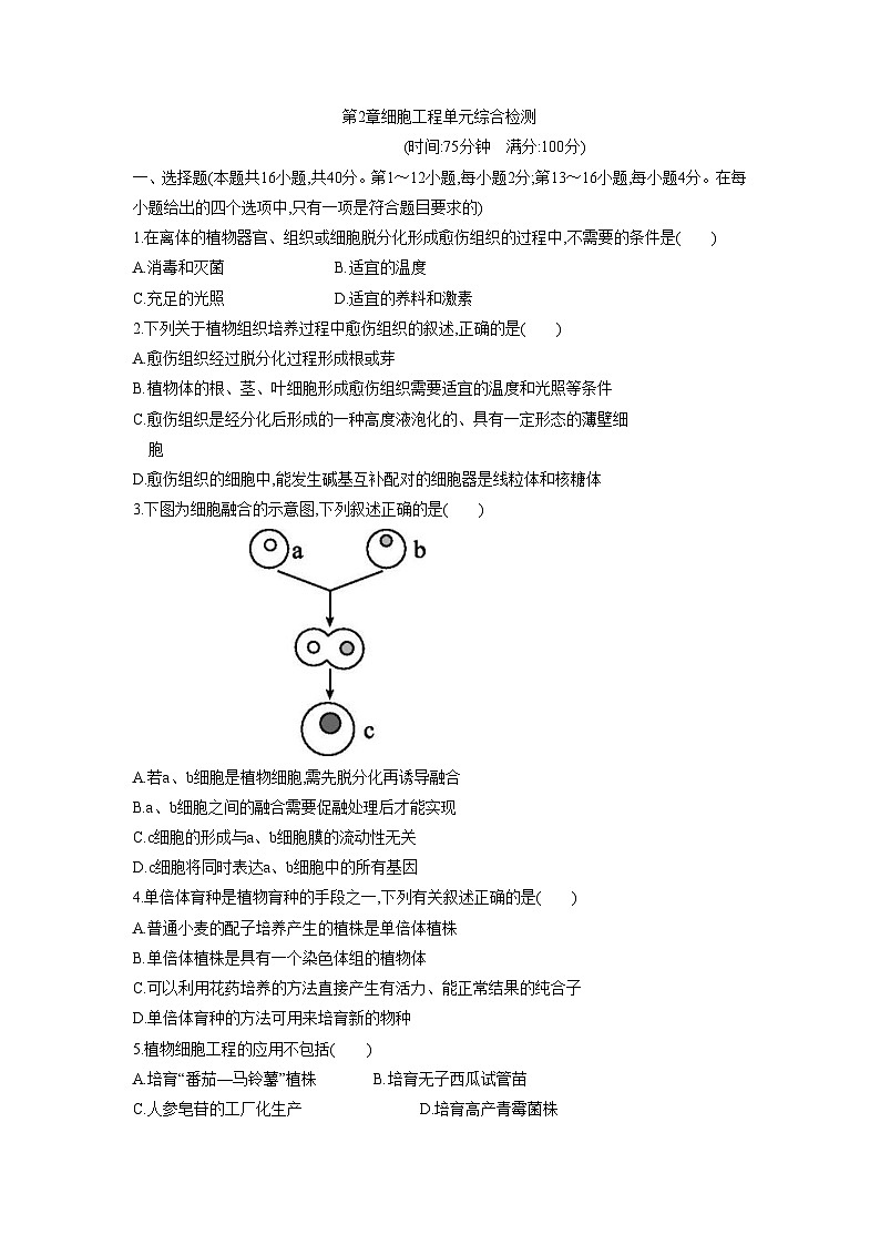 人教版高中生物 选修3第2章细胞工程单元综合检测 无答案第1页