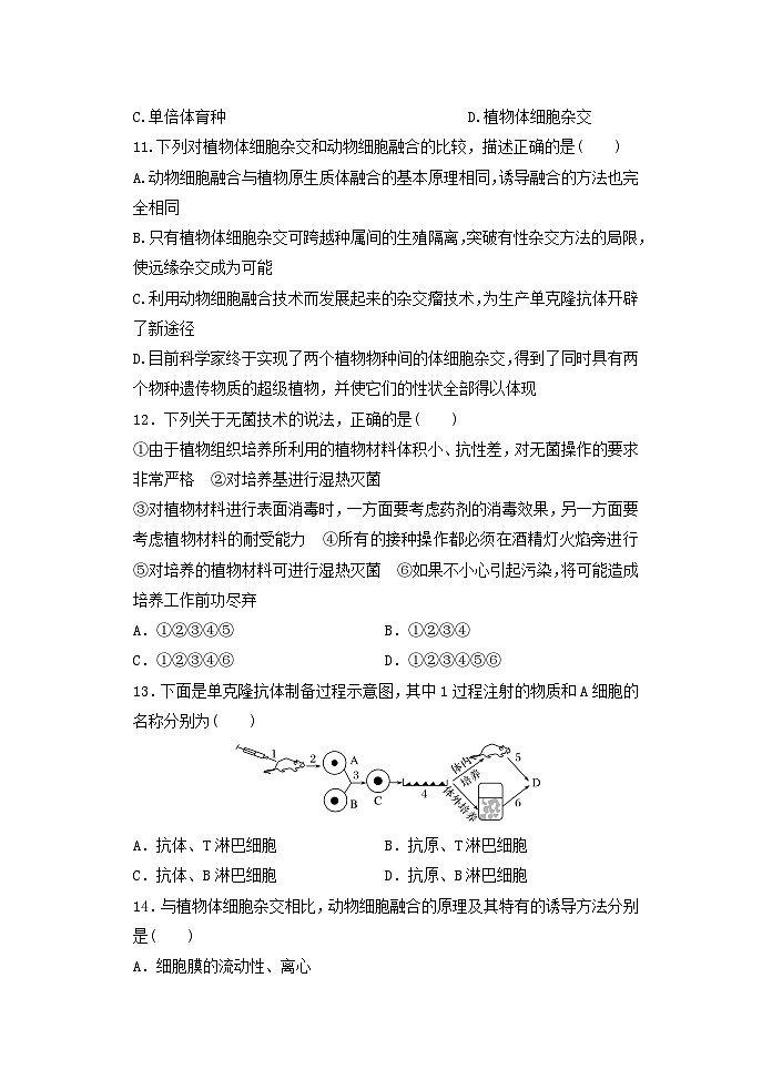 人教版高中生物 选修3第2章细胞工程单元测试卷 无答案第3页