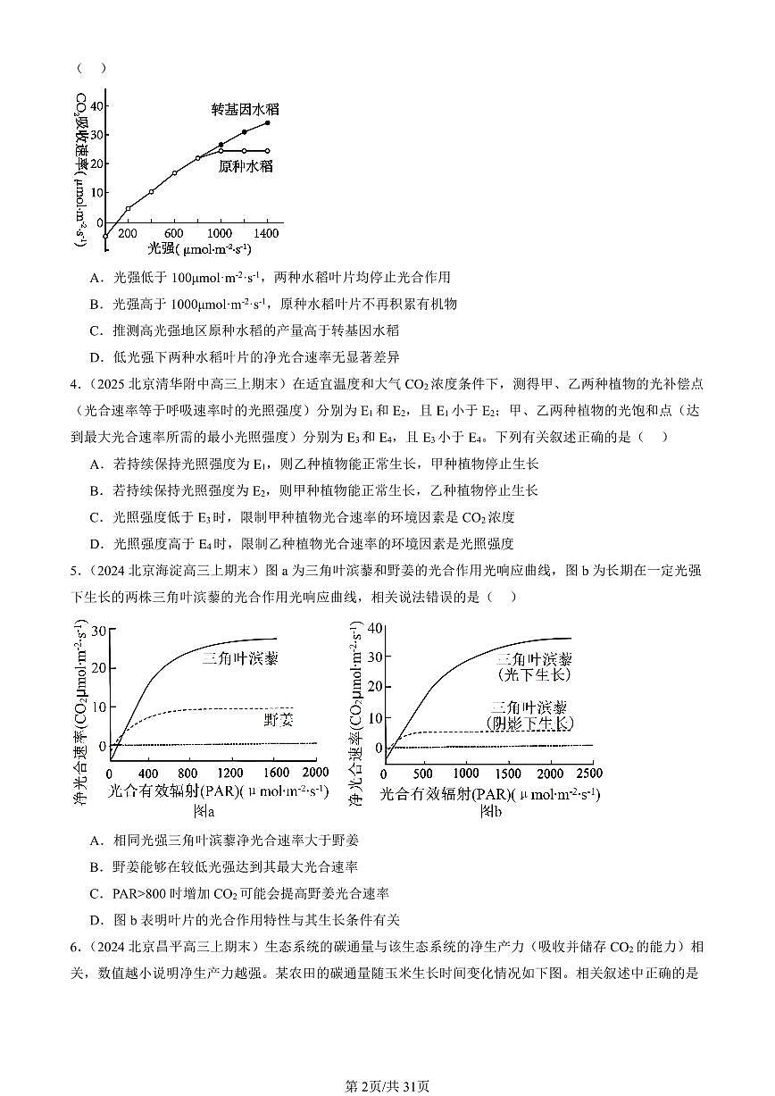 2023-2025北京重点校高三（上）期末真题生物汇编：光合作用与能量转化第2页