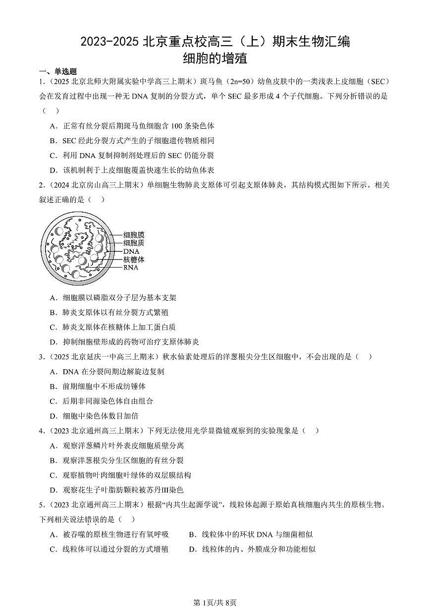 2023-2025北京重点校高三（上）期末真题生物汇编：细胞的增殖第1页