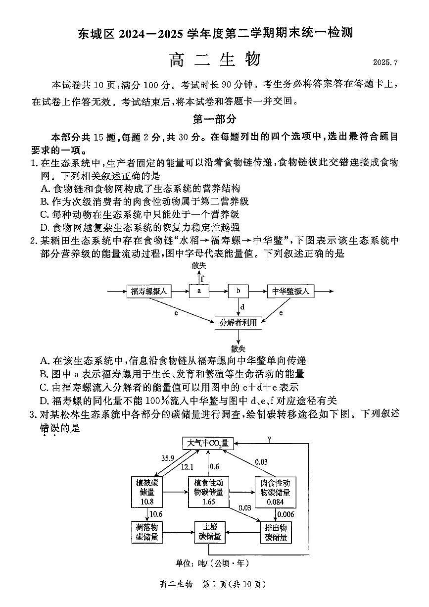 2025北京东城高二（下）期末真题生物试卷第1页