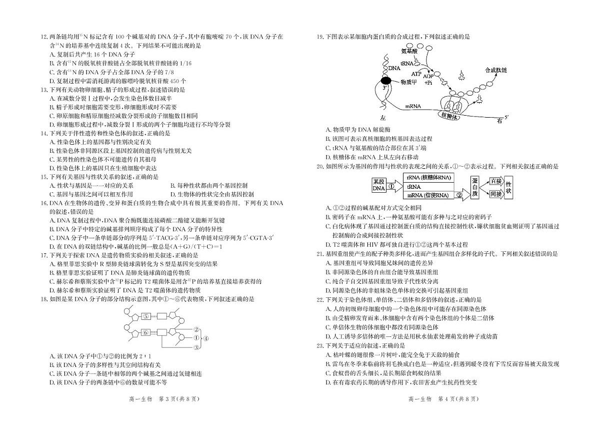 河北省张家口市2023-2024学年度第二学期高一年级期末教学质量监测生物试卷第2页