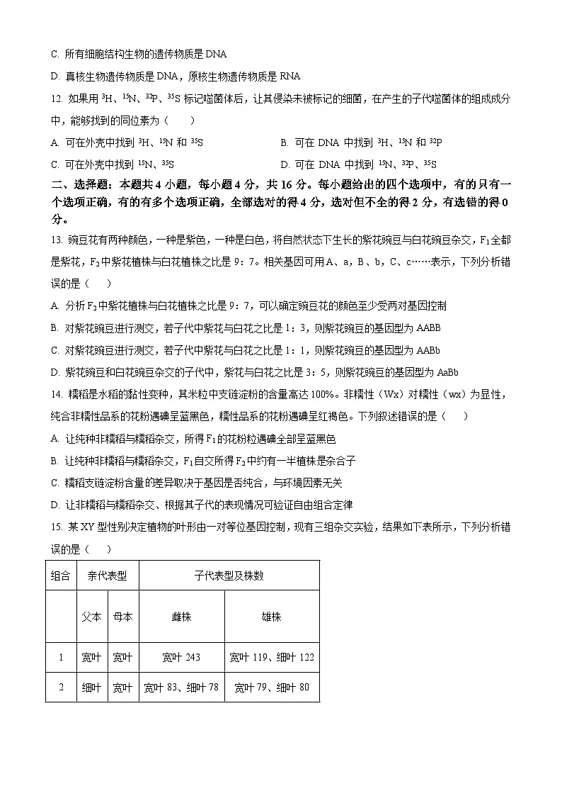 高一下学期期中人教版生物试题 无答案第3页