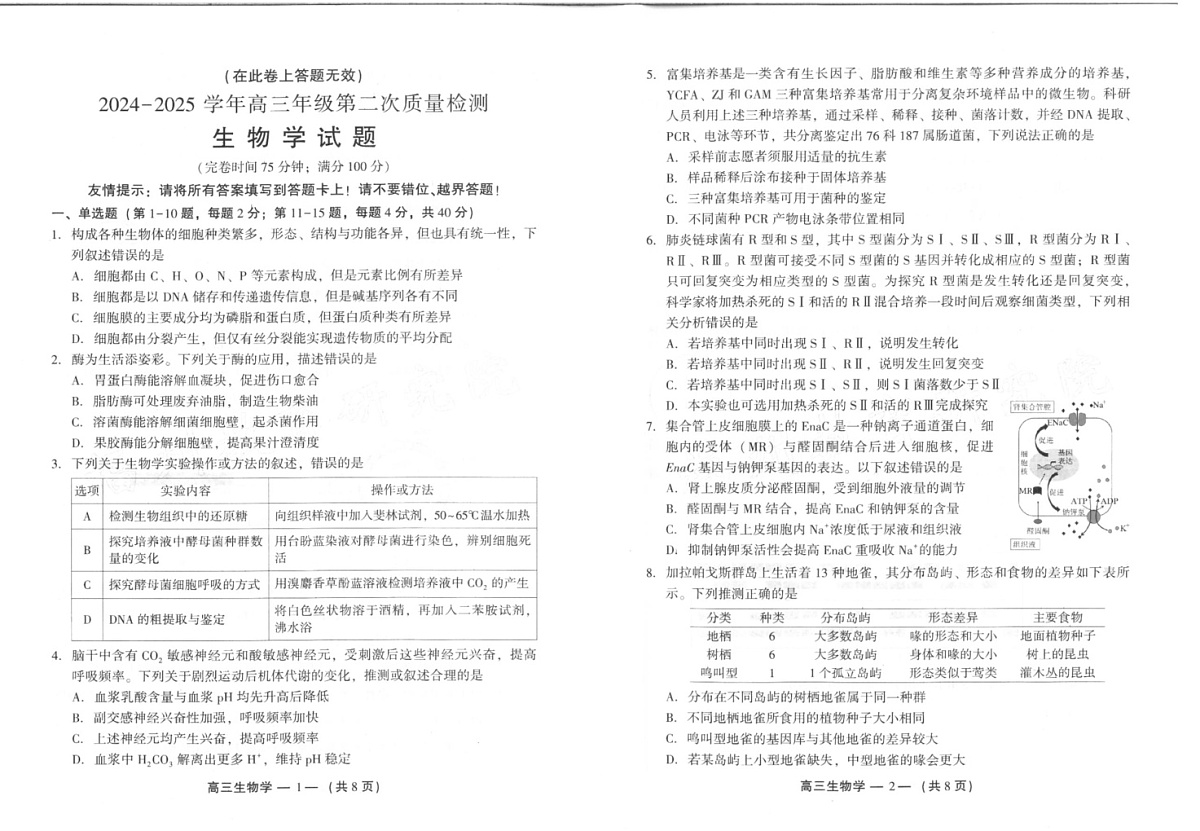 福建省福州市2025届高三第二次质量检测（福州高三二检）-生物试题（含答案）第1页