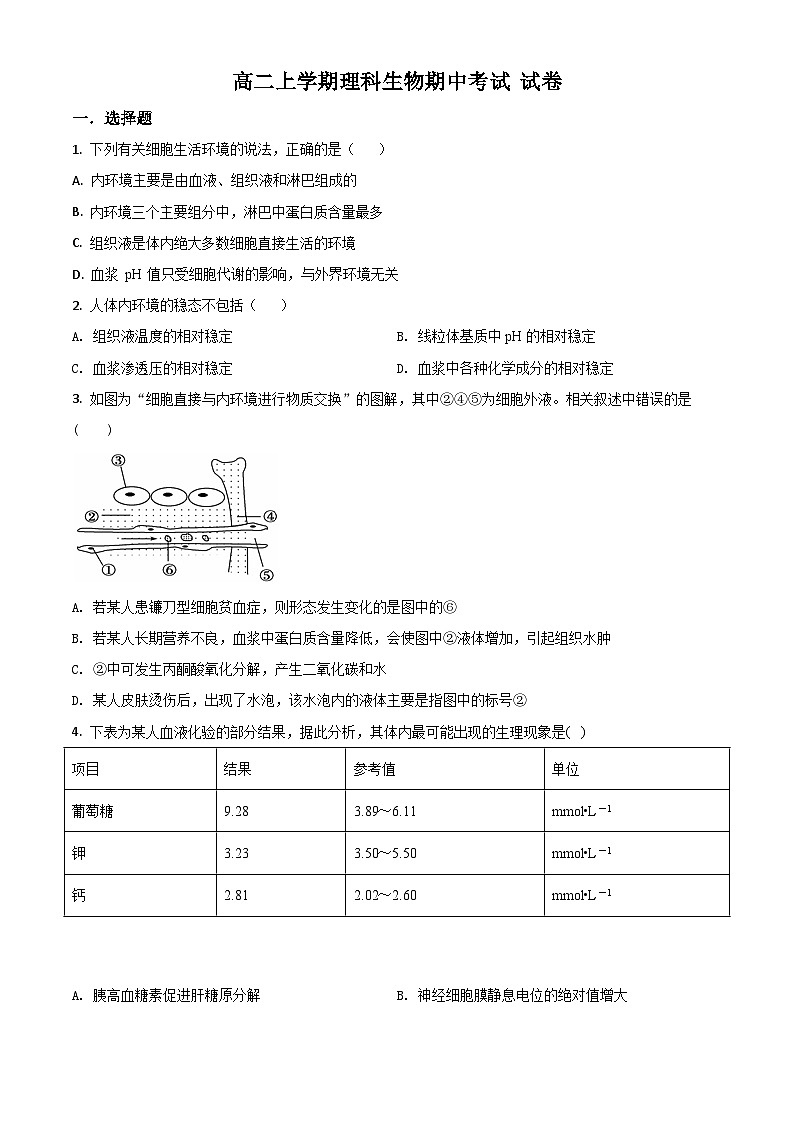 高二上学期期中人教版生物试题 无答案第1页