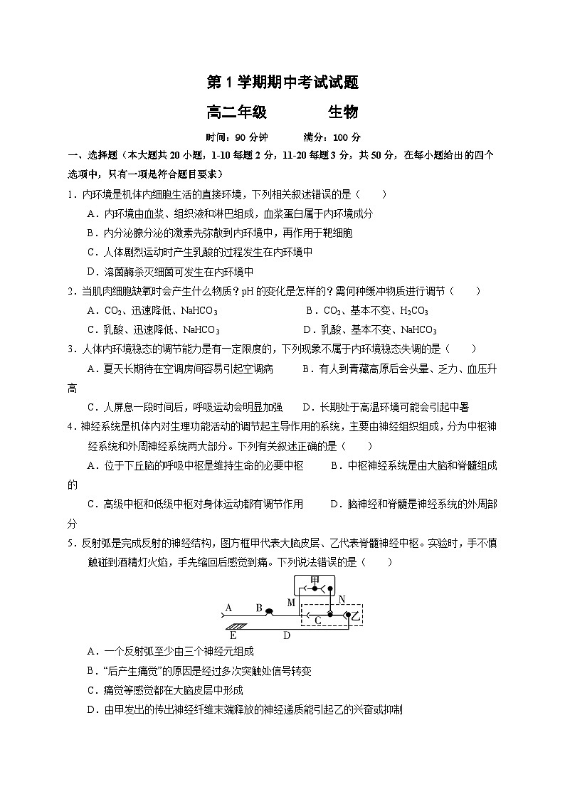 高二上学期期中考试人教版生物试题 无答案第1页
