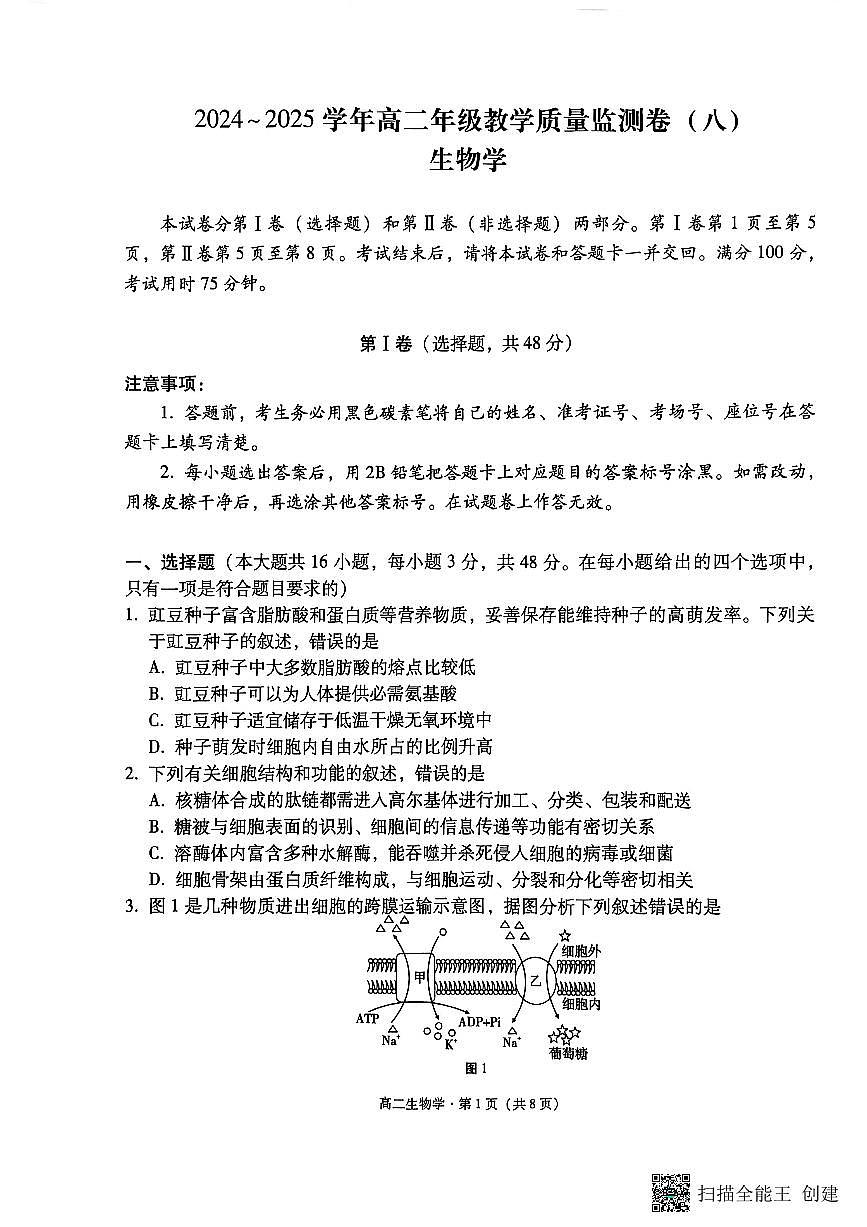 2024~2025学年高二年级教学质量监测卷（八）生物第1页