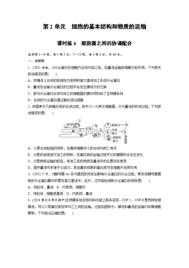【备考2026】高考生物一轮复习资源：第2单元 课时练6 细胞器之间的协调配合（课时精练）（学生版）第1页