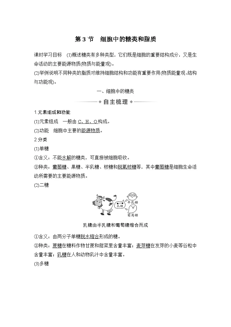 第3节　细胞中的糖类和脂质 学案高中生物学人教版（2019）必修1第1页