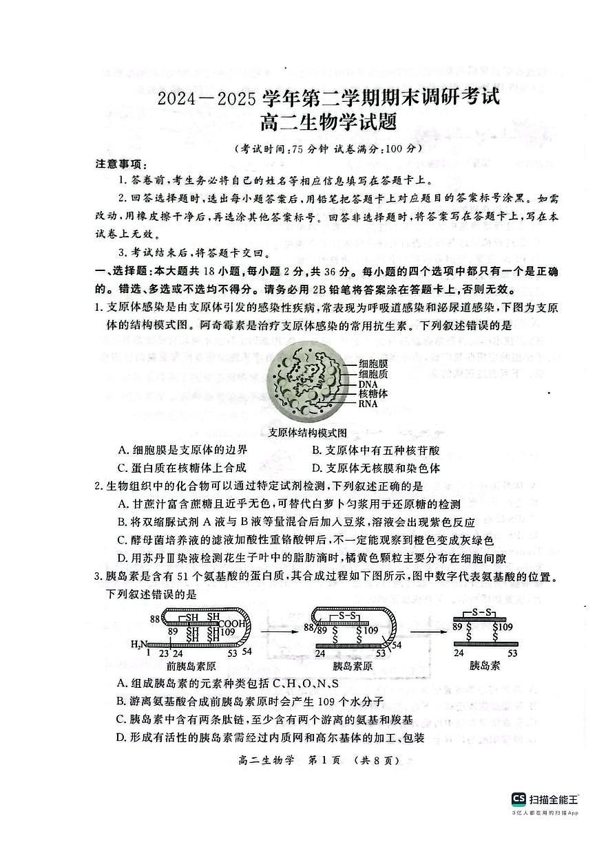 河南省开封市2025届新高二下学期7月期末调研考-生物试题+答案第1页